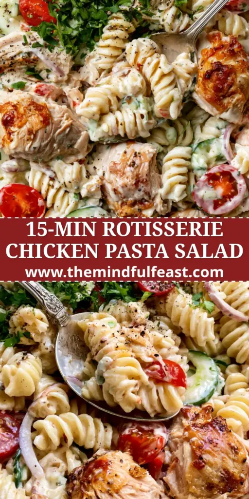 A large white ceramic bowl overflowing with creamy chicken pasta salad featuring rotini and cherry tomatoes.