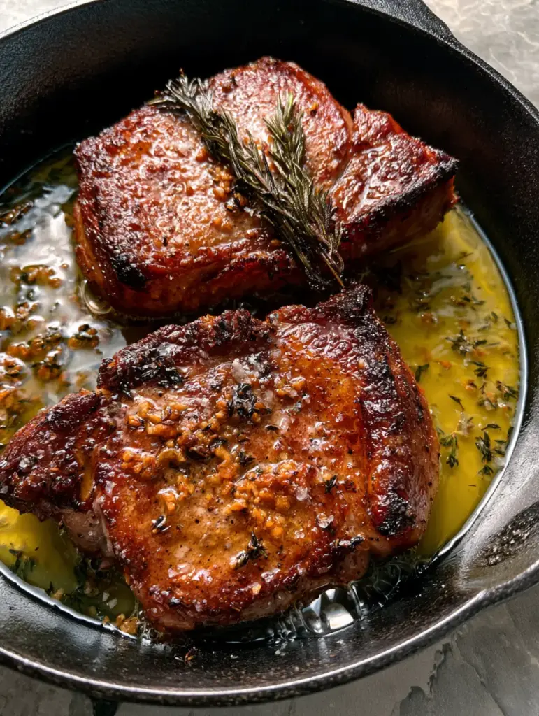 Pork Shoulder Steak with Garlic Butter and Charred Rosemary 1 45-degree angle shot of sizzling pork shoulder steak with charred rosemary sprigs and fresh thyme flecks.