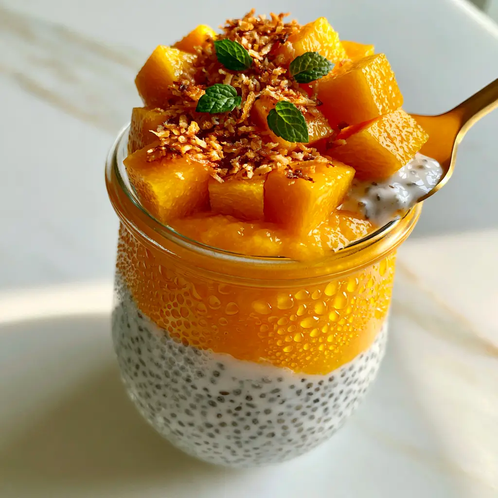 Mango Coconut Chia Pudding: The Ultimate Tropical Breakfast Jar Guide 2 High-angle close-up of Mango Coconut Chia Pudding in a glass jar with a gold spoon dipping into the mango chunks.