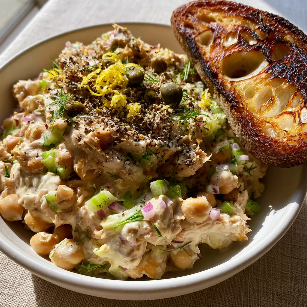 Chickpea Tuna Salad: The Ultimate Creamy Plant-Based Sandwich Filler 2 Smashed chickpeas in a pale-ivory dressing with bits of celery and red onion in a minimalist bowl. (chickpea tuna salad)