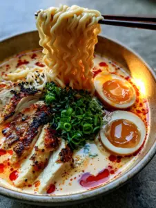 Extreme close-up macro of wavy ramen noodles being lifted by chopsticks from a thick, pale-orange spicy chicken ramen soup broth with chili oil droplets. (spicy chicken ramen soup)