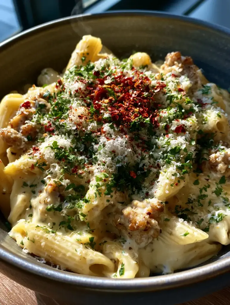 Ground Turkey Pasta with Velvety Garlic Cream Sauce and Golden Searing 1 A handheld photo of the finished ground turkey pasta with steam rising, garnished with fresh parsley.