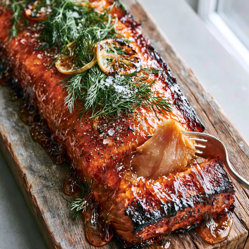 Smoked Salmon Recipe with a Shimmering Honey Glaze and Charred Lemon 2 A silver fork pulling away a moist, buttery flake of smoked salmon showing the opaque light pink interior. (Smoked salmon recipe)