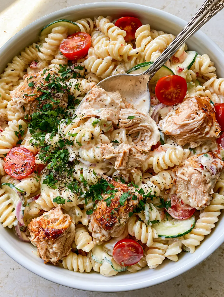 Close-up of chicken pasta salad with rotini, golden chicken skin, and fresh parsley garnish.