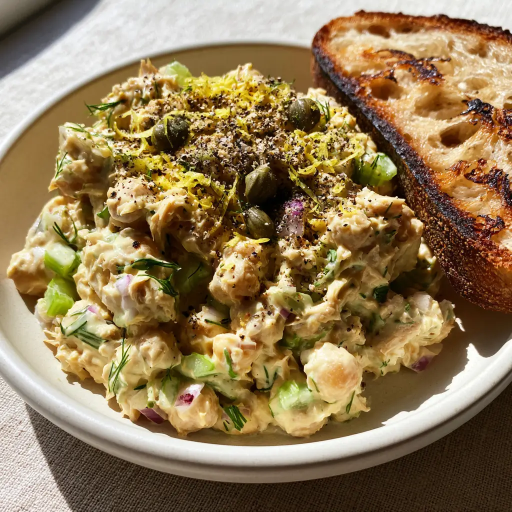 Chickpea Tuna Salad: The Ultimate Creamy Plant-Based Sandwich Filler 1 A handheld photo of chickpea tuna salad garnished with lemon zest and fresh dill next to bubbly toasted sourdough bread.