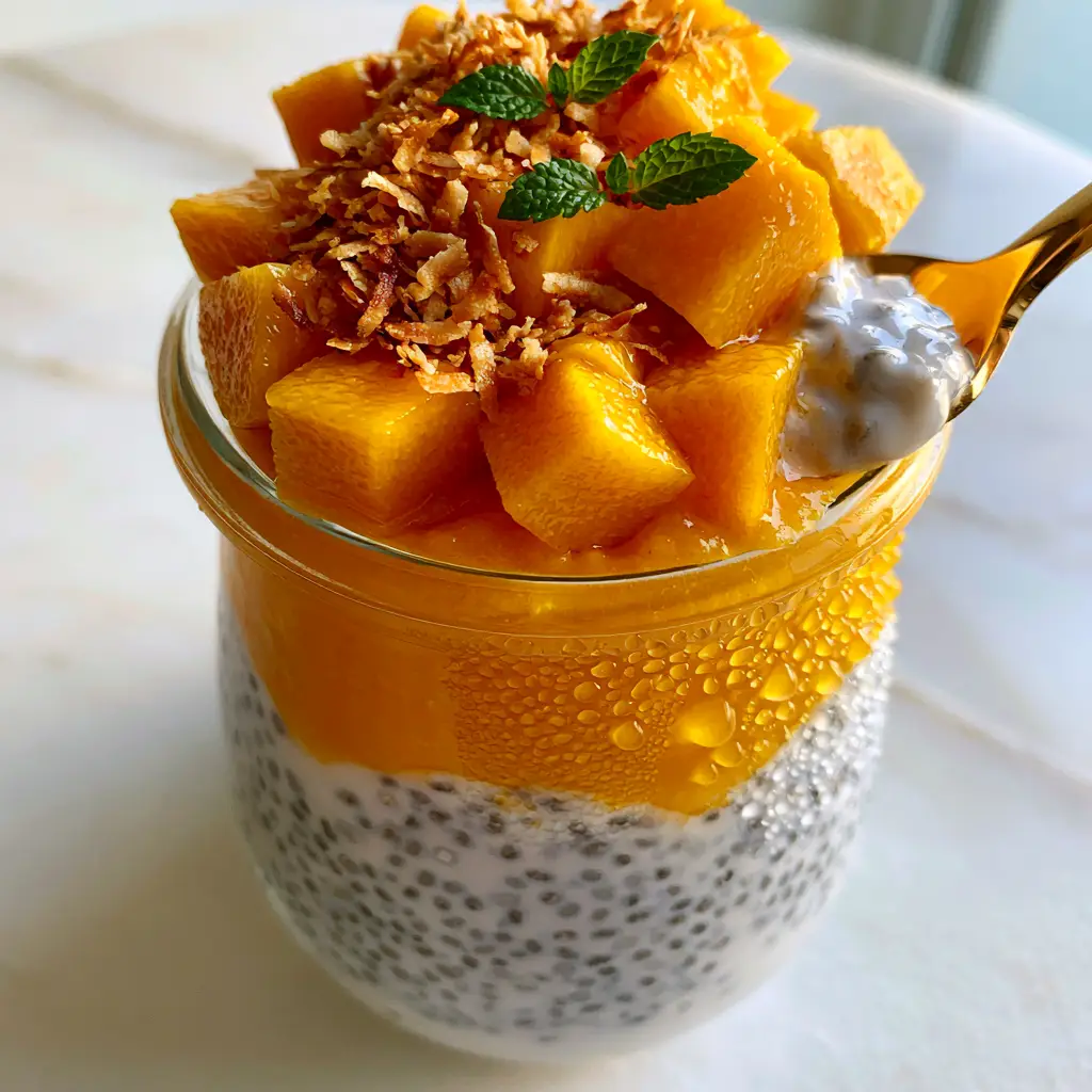 Mango Coconut Chia Pudding: The Ultimate Tropical Breakfast Jar Guide 1 Side view of a glass jar showing the distinct layers of white chia pudding and bright orange mango puree.