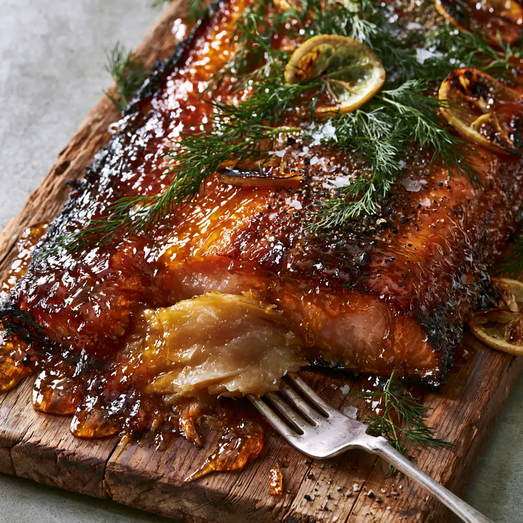 Smoked Salmon Recipe with a Shimmering Honey Glaze and Charred Lemon 1 Close-up of a smoked salmon fillet garnished with fresh dill sprigs, sea salt, and charred lemon slices.