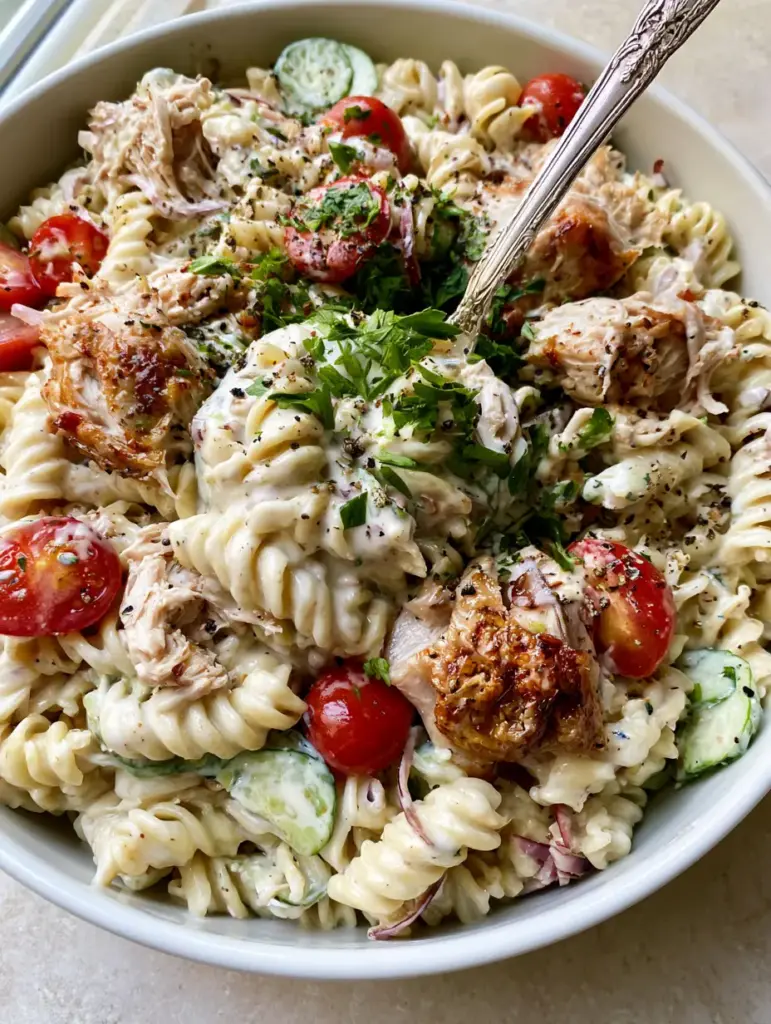 High-angle shot of a silver vintage spoon lifting a portion of chicken pasta salad from a white bowl.