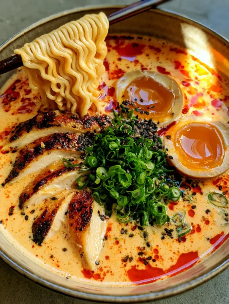 Spicy Chicken Ramen Soup with Velvety Orange Broth 1 A close-up view of charred chicken breast slices and jammy soft-boiled eggs atop a bowl of spicy chicken ramen soup.