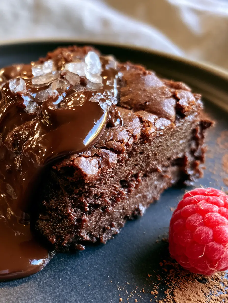 Healthy Dessert Swaps: The Ultimate Fudgy Cacao Almond Flour Brownies 4 Macro shot of a dense cacao brownie with a glossy drizzle and flaky sea salt. (Healthy Dessert Swaps)