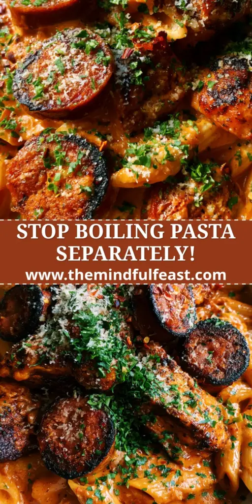 Cajun chicken and sausage pasta with a Creamy Red Pepper Sauce 3 A high-angle handheld photo of a rustic bowl of Cajun chicken and sausage pasta with blackened chicken and charred andouille sausage.