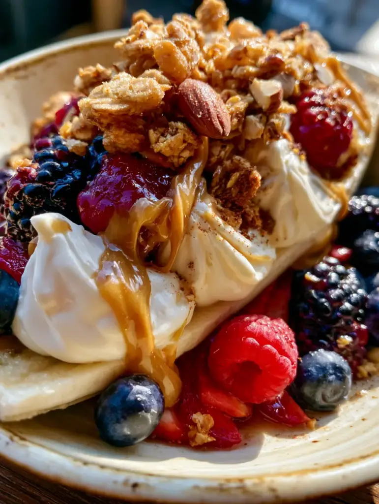 Breakfast Banana Split: A Gourmet High-Protein Morning Masterpiece 2 Close-up view of a Breakfast Banana Split showing stiff-peak Greek yogurt and glossy almond butter drizzle with fresh raspberries.