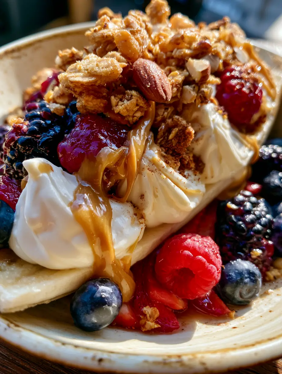 Breakfast Banana Split: A Gourmet High-Protein Morning Masterpiece 3 Close-up view of a Breakfast Banana Split showing stiff-peak Greek yogurt and glossy almond butter drizzle with fresh raspberries.