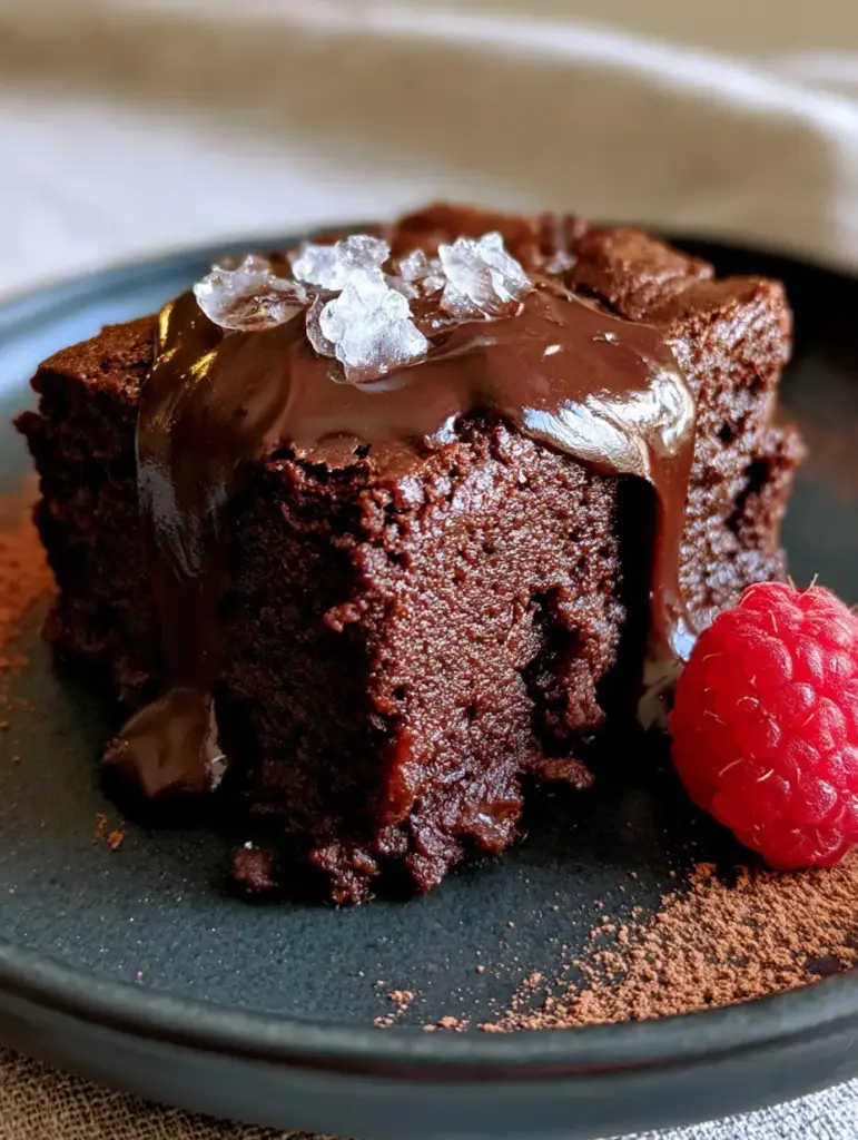 Healthy Dessert Swaps: The Ultimate Fudgy Cacao Almond Flour Brownies 1 Side view of a healthy brownie on a matte charcoal plate with a fresh raspberry garnish.