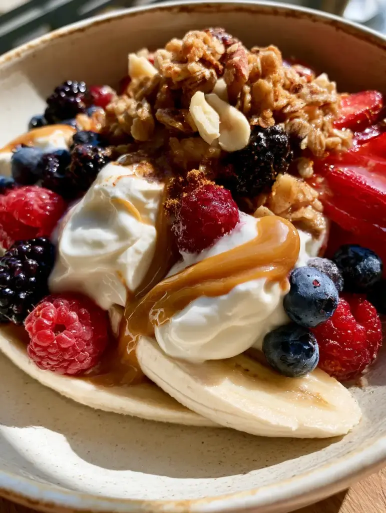 Breakfast Banana Split: A Gourmet High-Protein Morning Masterpiece 1 Overhead view of a Breakfast Banana Split highlighting the honey-oat granola clusters and sliced strawberries in a cream ceramic bowl.
