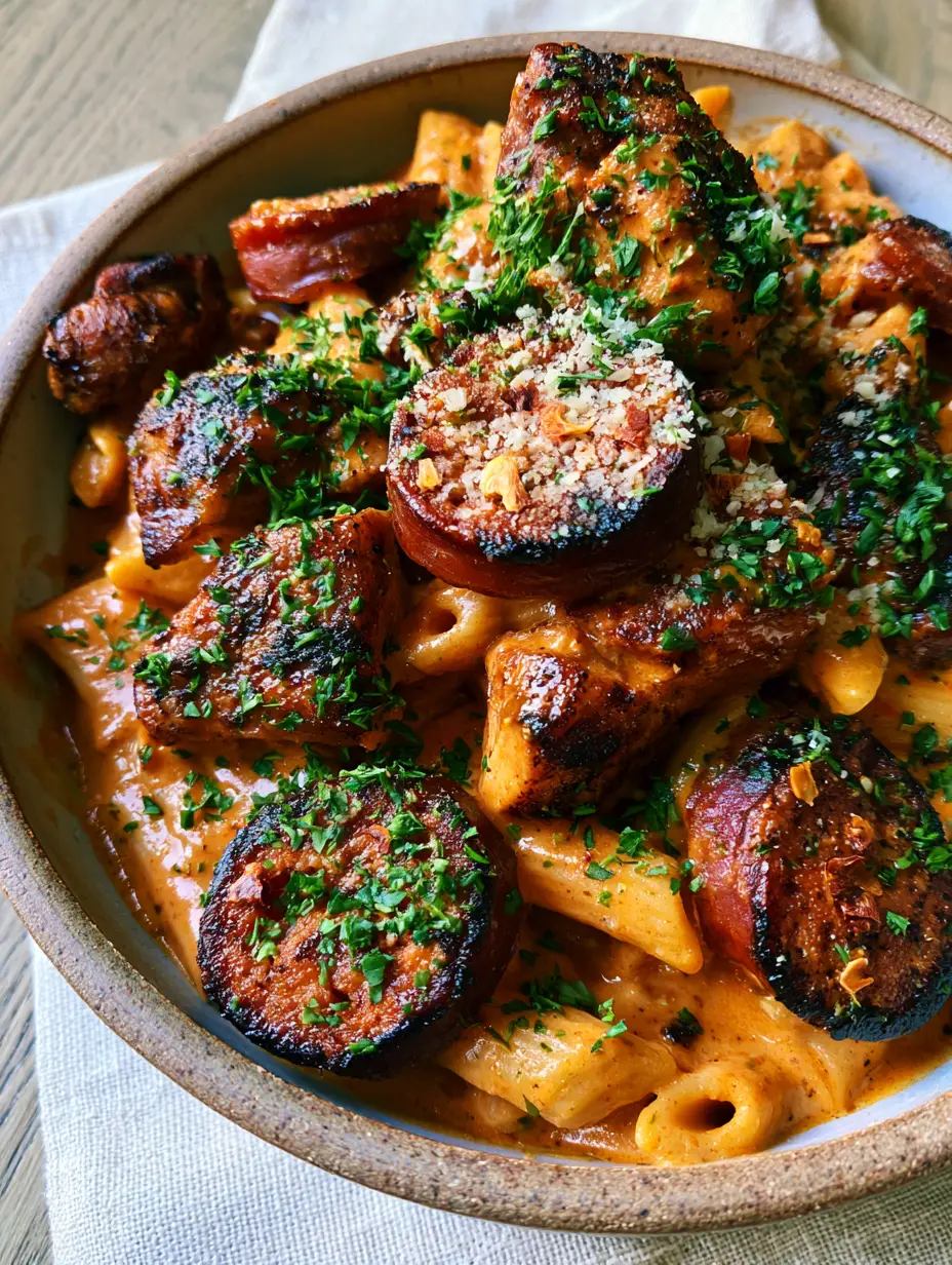 Cajun chicken and sausage pasta with a Creamy Red Pepper Sauce 4 Creamy orange-red Cajun sauce clinging to al dente penne pasta with blackened chicken chunks and charred sausage.