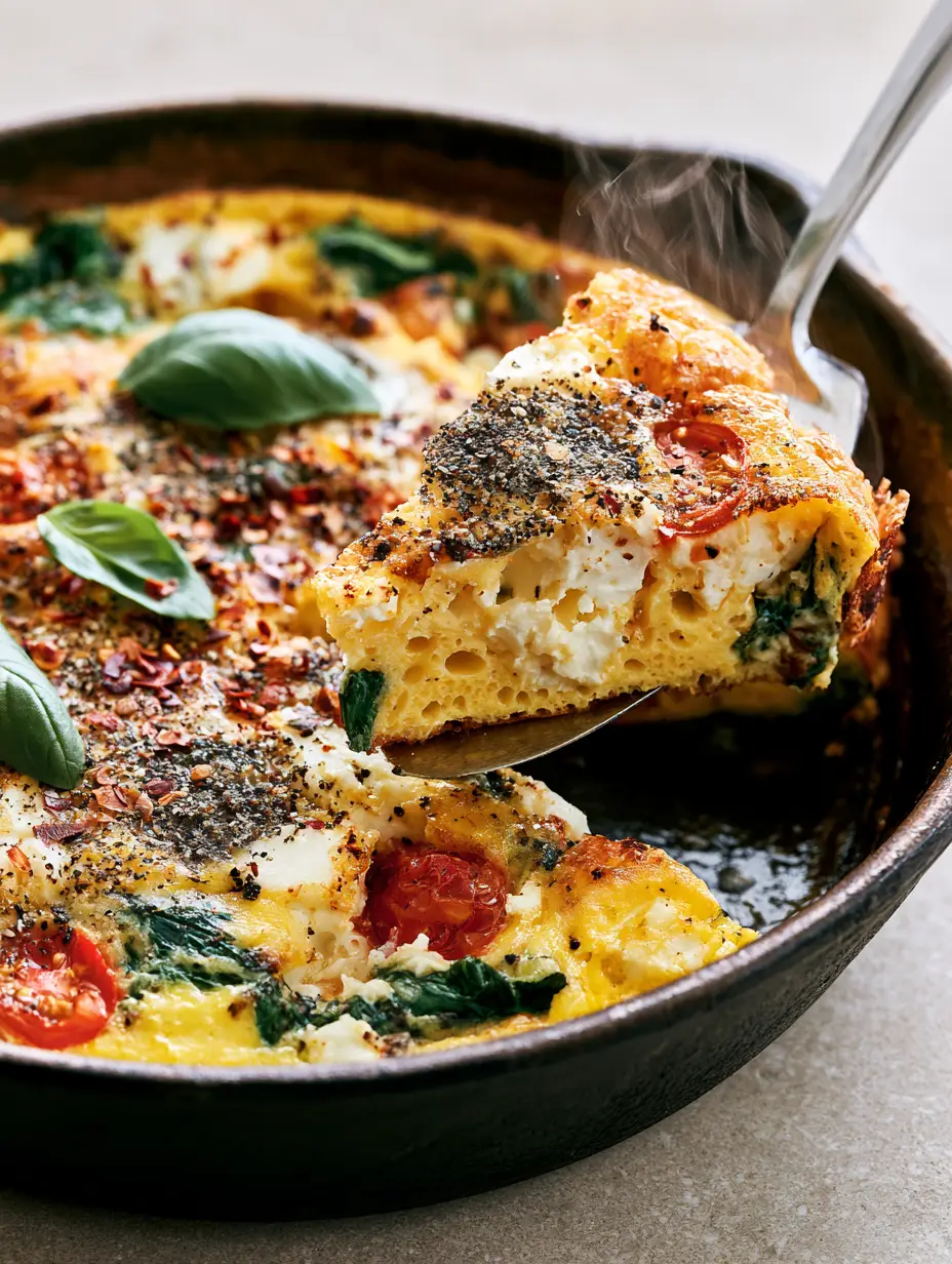 Italian Frittata: The Ultimate Fluffy Cast Iron Skillet Recipe 3 Overhead view of a golden-yellow Italian Frittata with browned edges and fresh basil garnish.