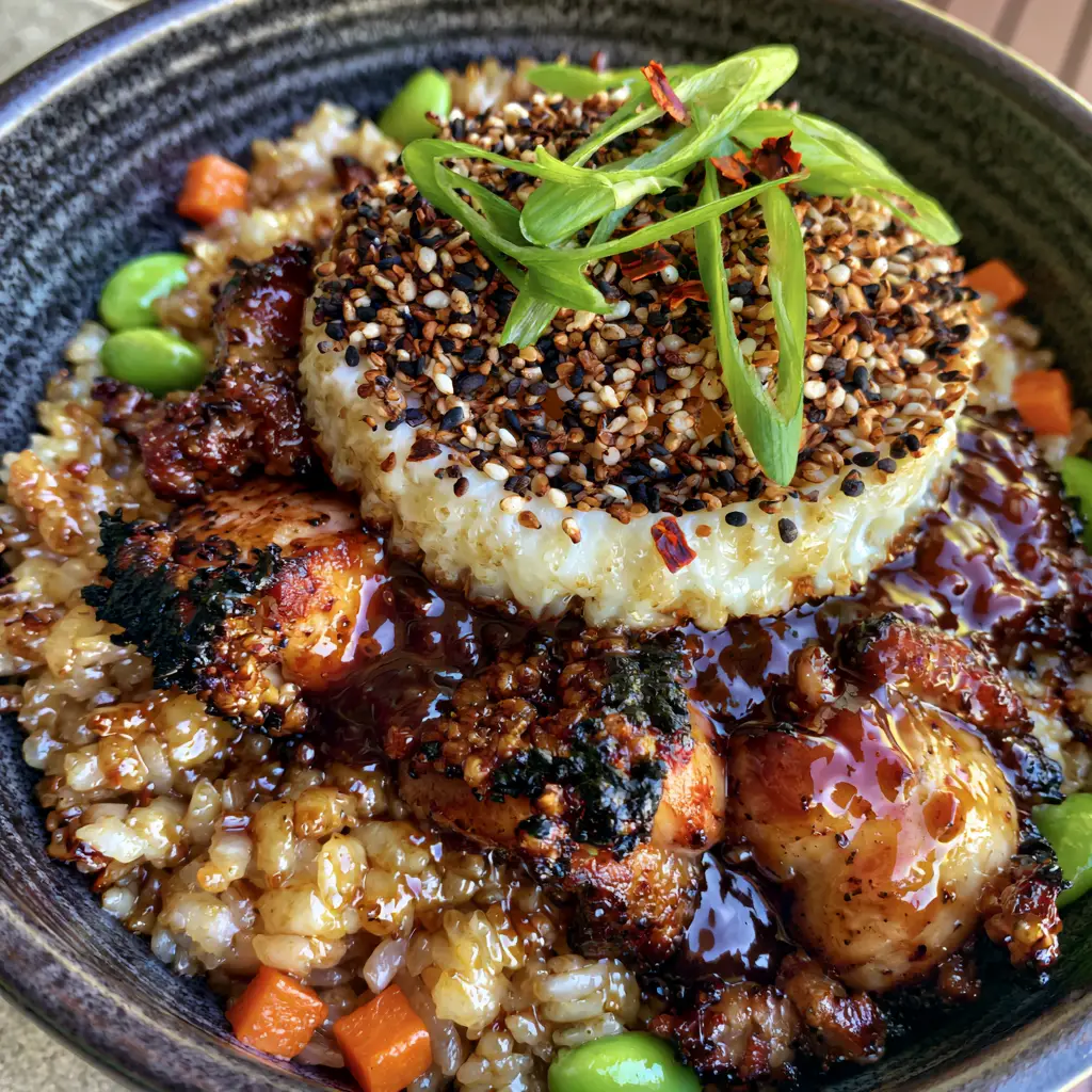 Japanese BBQ Chicken Fried Rice with a Dark Umami Glaze 2 Top-down macro shot of Japanese BBQ chicken fried rice showing individual fluffy grains and golden egg bits.
