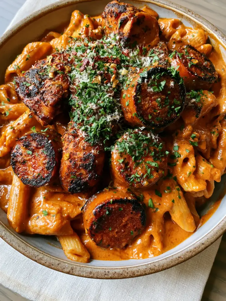 Cajun chicken and sausage pasta with a Creamy Red Pepper Sauce 1 A close-up shot of charred andouille sausage and blackened chicken in a creamy Cajun pasta bowl.