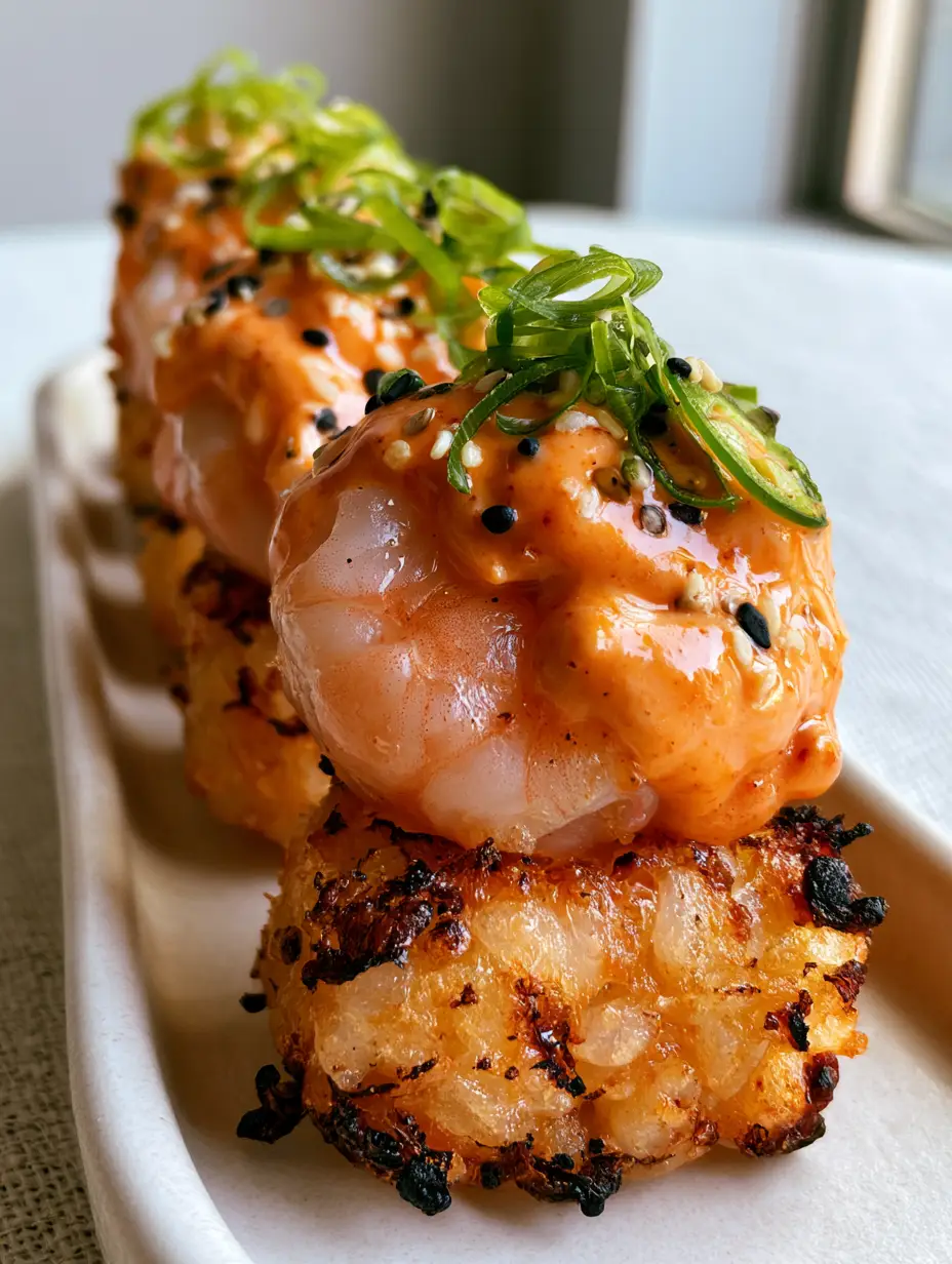 Crispy Rice with Spicy Shrimp Salad: The Ultimate Air-Fried Appetizer 3 A row of bite-sized crispy rice blocks topped with succulent shrimp and sriracha mayo on a minimal ceramic tray. (Crispy Rice with Spicy Shrimp Salad)