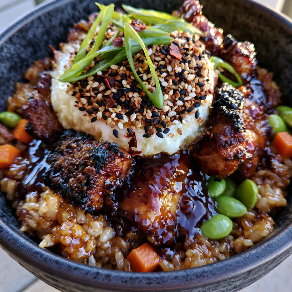 Japanese BBQ Chicken Fried Rice with a Dark Umami Glaze 1 Macro view of charred mahogany chicken thigh chunks with a thick soy-ginger glaze in a black bowl.