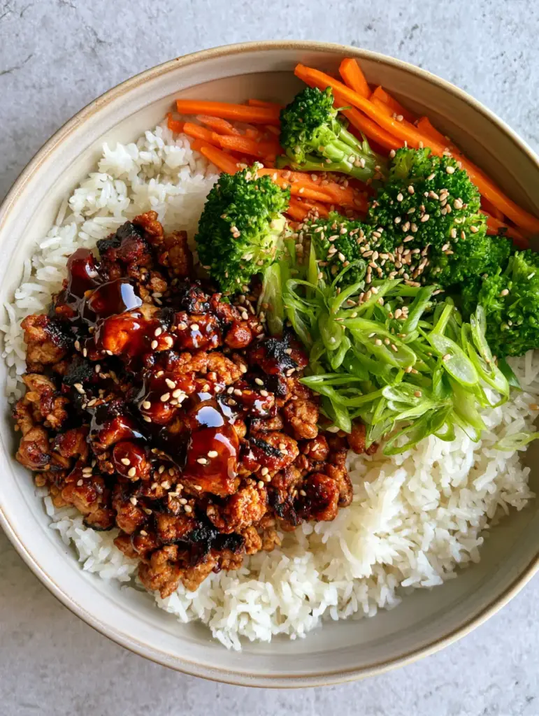 Ground Turkey Teriyaki Rice Bowls with Caramelized Edges 2 Top-down view of Ground Turkey Teriyaki Rice Bowls showing the deconstructed arrangement and glossy sauce textures.