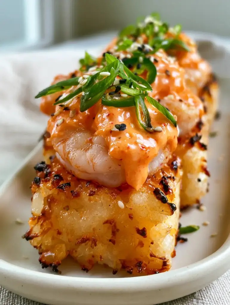 Crispy Rice with Spicy Shrimp Salad: The Ultimate Air-Fried Appetizer 1 Extreme close-up of individual crispy rice grains popping out from a golden-brown air-fried block. (Crispy Rice with Spicy Shrimp Salad)