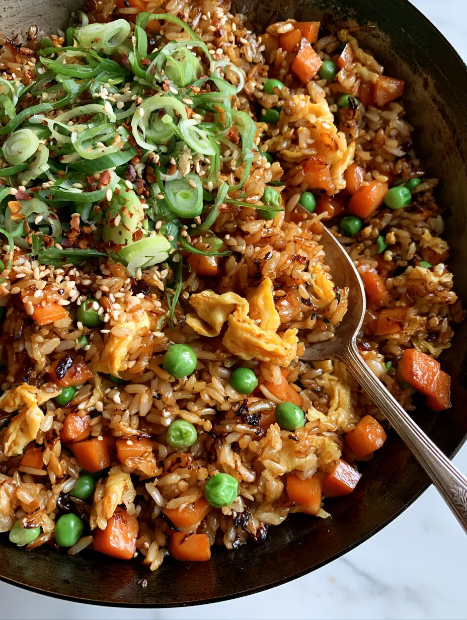 Easy Fried Rice with Glistening Soy Sauce Glaze and Wok-Seared Jasmine Rice 3 Top-down view of professional Easy Fried Rice showing glistening soy glaze and toasted rice grains in a dark wok.
