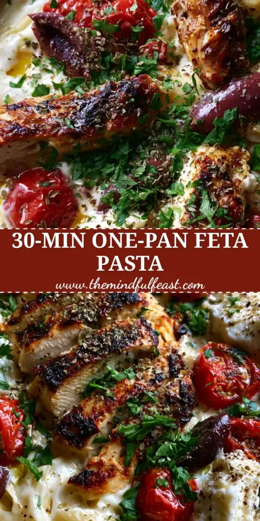 Top-down macro shot of Mediterranean Chicken Feta Pasta with seared chicken and blistered tomatoes in a cream ceramic pan.