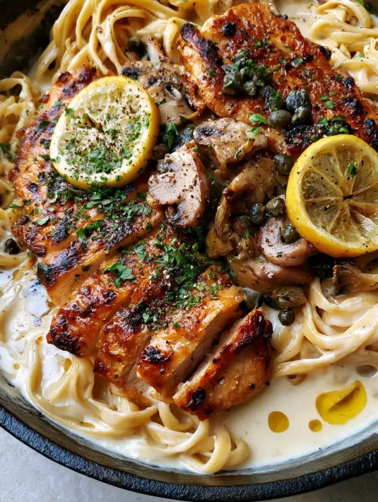 Chicken Piccata with Mushroom Pasta: A Creamy Skillet Masterpiece 2 Close-up of golden seared chicken and fettuccine in lemon cream sauce. (Chicken Piccata with Mushroom Pasta)