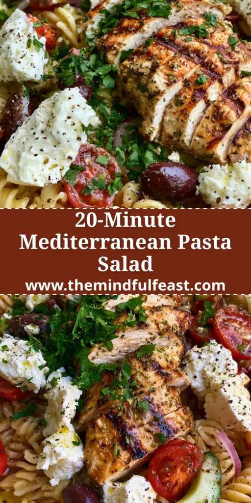 Mediterranean Chicken Pasta Salad with Lemon Herb Vinaigrette 4 A close-up vertical shot of a Mediterranean Chicken Pasta Salad in a ceramic bowl with seared chicken, feta, and olives.