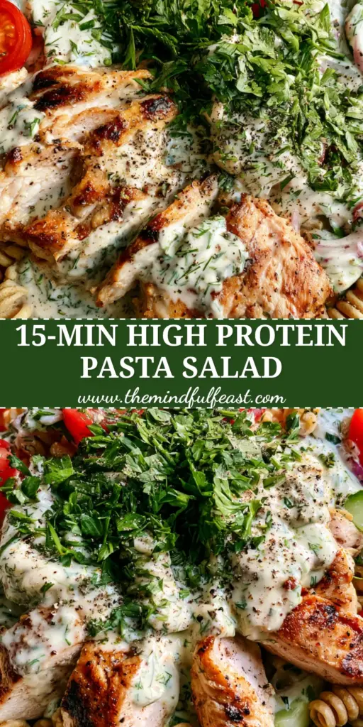 High Protein Pasta Salad with Chicken: The Ultimate Meal Prep Solution 4 A high-angle view of a vibrant High Protein Pasta Salad with Chicken in a white bowl, showing seared chicken strips and fresh cucumbers on a stone countertop.