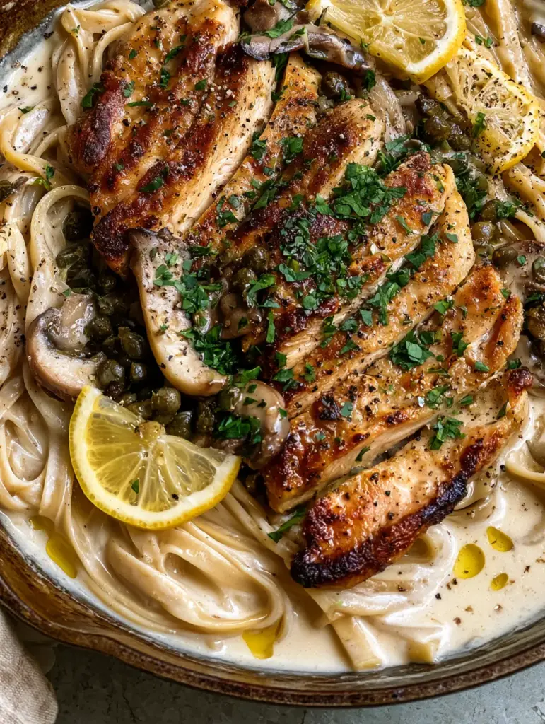 Chicken Piccata with Mushroom Pasta: A Creamy Skillet Masterpiece 1 Rustic skillet filled with fettuccine, sautéed mushrooms, and capers. (Chicken Piccata with Mushroom Pasta)