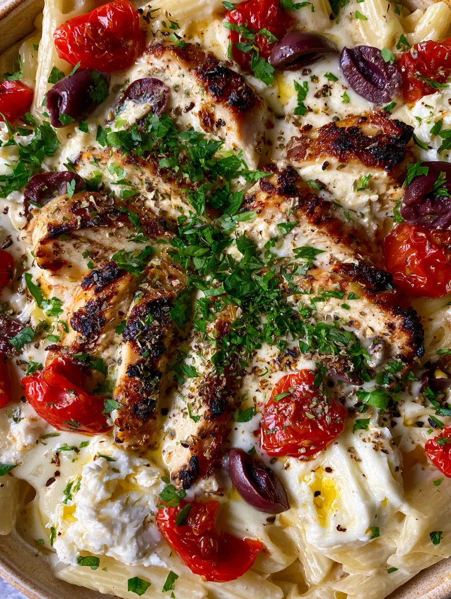 Extreme close-up of glossy feta sauce coating penne pasta with seared chicken breast slices and cracked black pepper. (Mediterranean Chicken Feta Pasta)