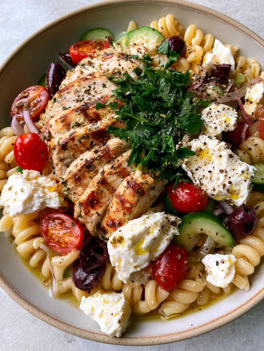 Mediterranean Chicken Pasta Salad with Lemon Herb Vinaigrette 3 Wide artisanal ceramic bowl featuring Mediterranean Chicken Pasta Salad with golden-brown seared chicken slices and ruby red tomatoes.