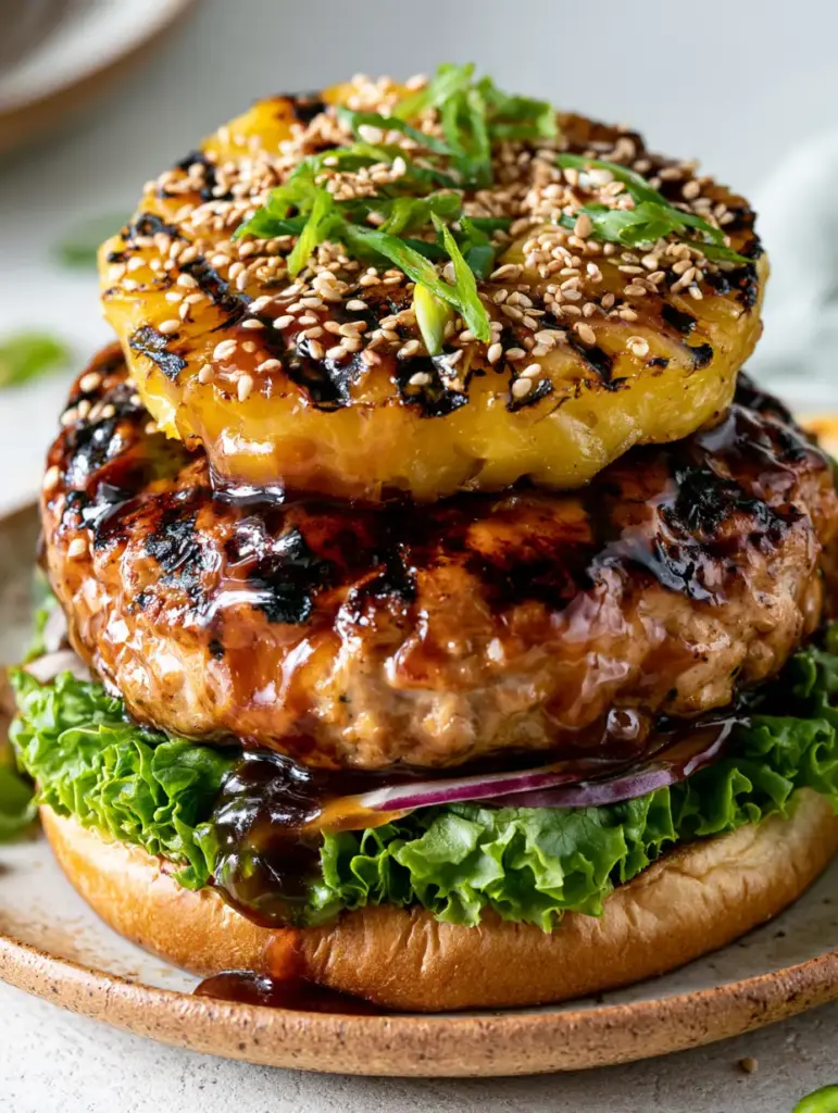 Teriyaki Turkey Burger: The Ultimate Juicy Grilled Hawaiian Feast 1 Handheld photo of a teriyaki turkey burger on a rustic plate, topped with charred pineapple and bright green scallions.