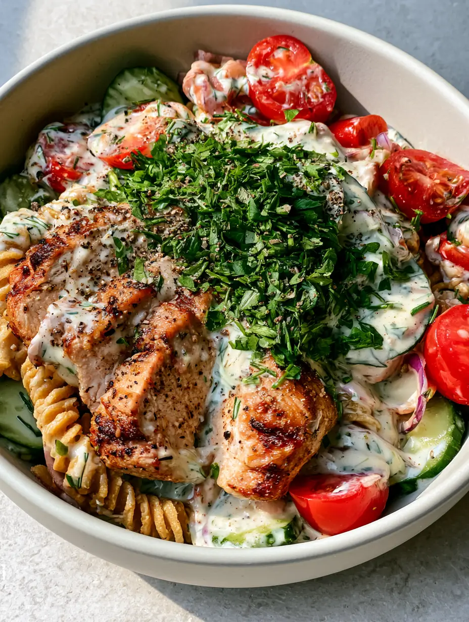 High Protein Pasta Salad with Chicken: The Ultimate Meal Prep Solution 3 Close-up of golden-brown seared chicken breast strips with grill marks atop a High Protein Pasta Salad with Chicken.