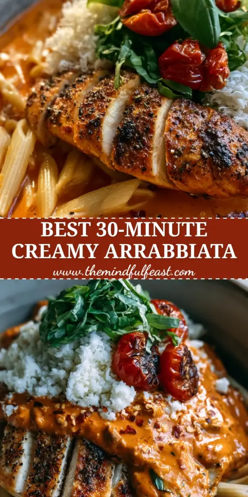 Creamy Chicken all'Arrabbiata: The Ultimate Spicy Italian Comfort Food 4 A close-up shot of Creamy Chicken all'Arrabbiata in a grey bowl featuring golden-brown sliced chicken, glossy orange sauce, and fresh basil.