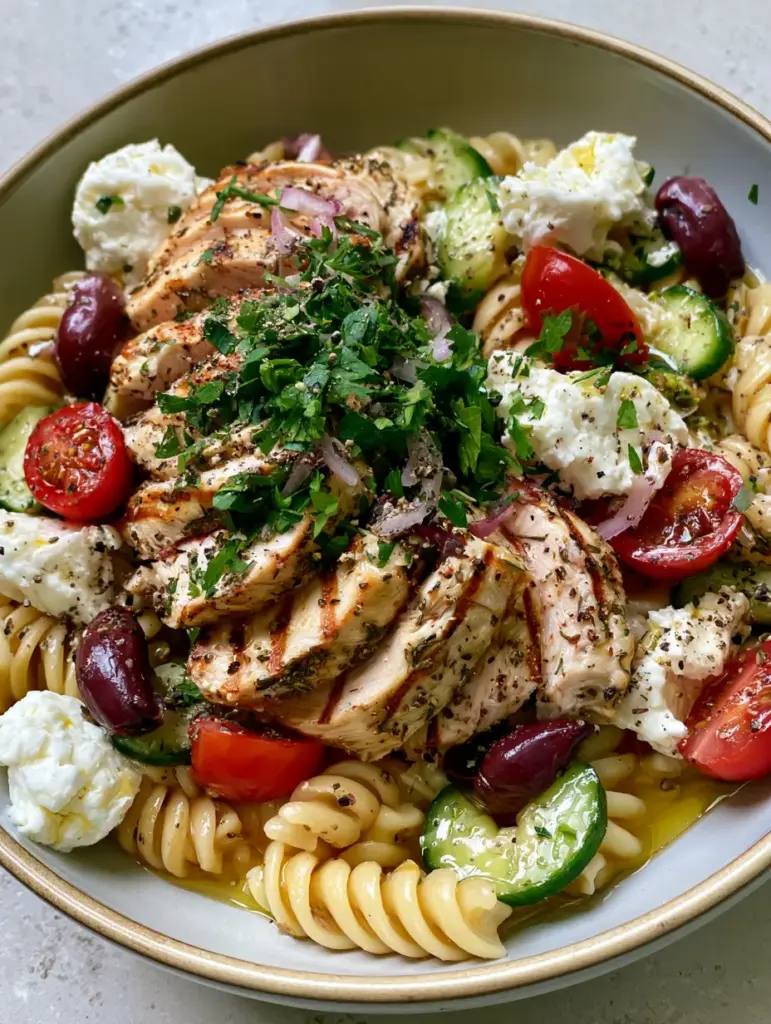 Mediterranean Chicken Pasta Salad with Lemon Herb Vinaigrette 1 Detailed view of herb-crusted chicken slices over rotini pasta spirals coated in golden lemon vinaigrette.