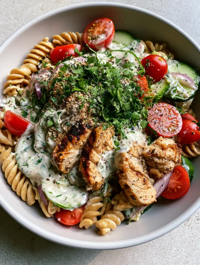High Protein Pasta Salad with Chicken: The Ultimate Meal Prep Solution 1 Smartphone photo showing the velvety Greek yogurt herb dressing coating chickpea rotini in a High Protein Pasta Salad with Chicken.