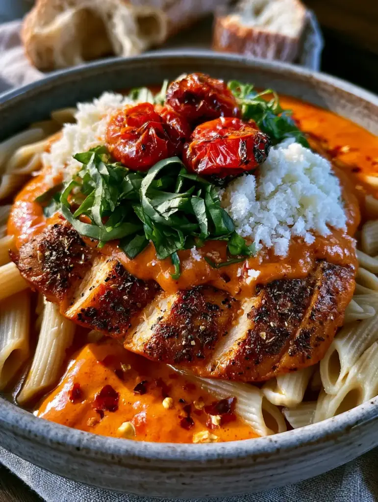 Creamy Chicken all'Arrabbiata: The Ultimate Spicy Italian Comfort Food 2 Top-down view of Creamy Chicken all'Arrabbiata with penne pasta, herb-seasoned chicken breast, and blistered tomatoes. (Creamy Chicken all'Arrabbiata)