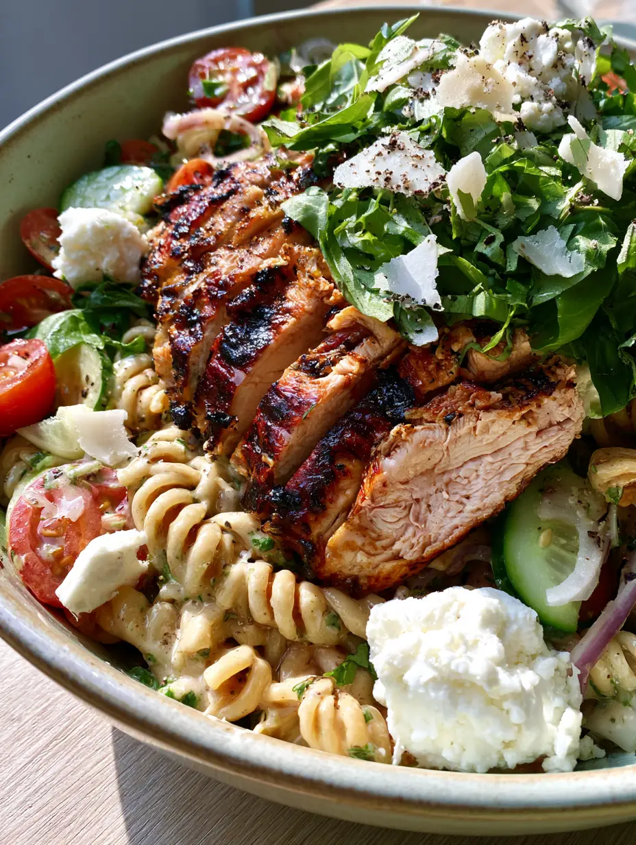 Grilled Chicken Pasta Salad with Zesty Herb Vinaigrette and Feta 4 Close-up of al dente fusilli pasta coated in a glossy herb vinaigrette with charred chicken breast slices. (Grilled Chicken Pasta Salad)