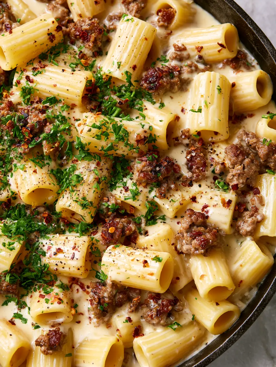 Close up of glossy garlic butter beef pasta showing caramelized beef edges and rigatoni ridges.