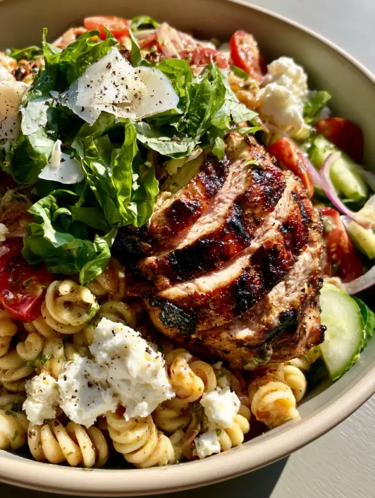 Grilled Chicken Pasta Salad with Zesty Herb Vinaigrette and Feta 1 Vibrant salad assembly with English cucumbers, cherry tomatoes, and red onion slivers. (Grilled Chicken Pasta Salad)