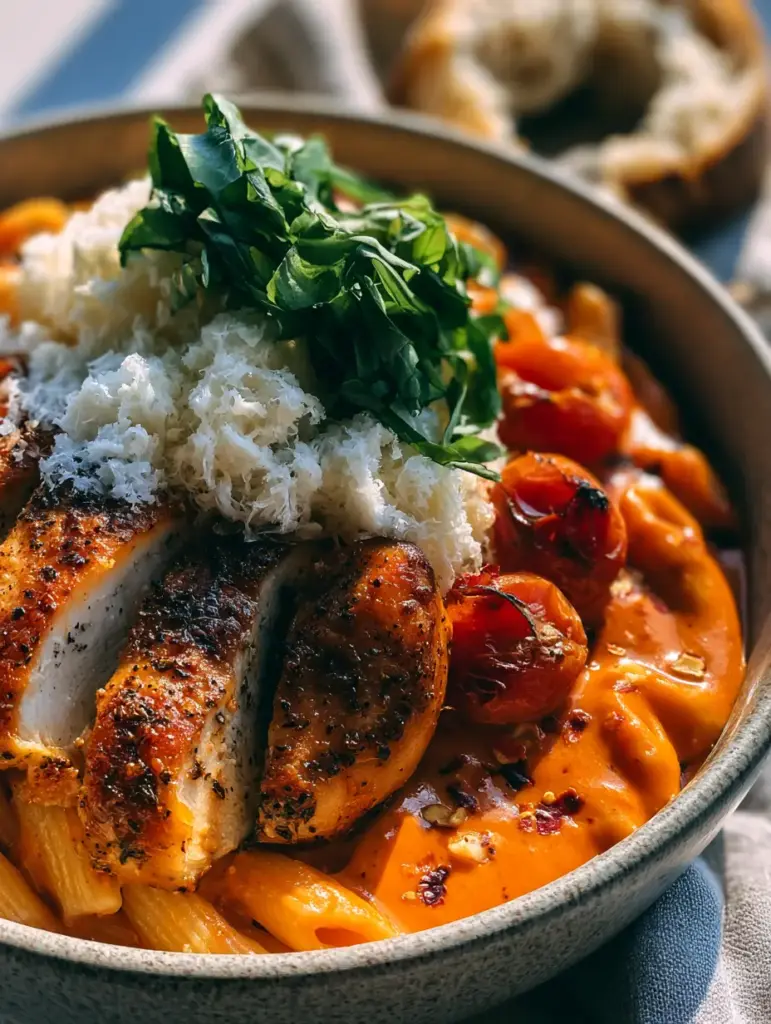 Creamy Chicken all'Arrabbiata: The Ultimate Spicy Italian Comfort Food 1 Detailed shot of the glossy orange-red cream sauce and crispy chicken skin in a Creamy Chicken all'Arrabbiata.