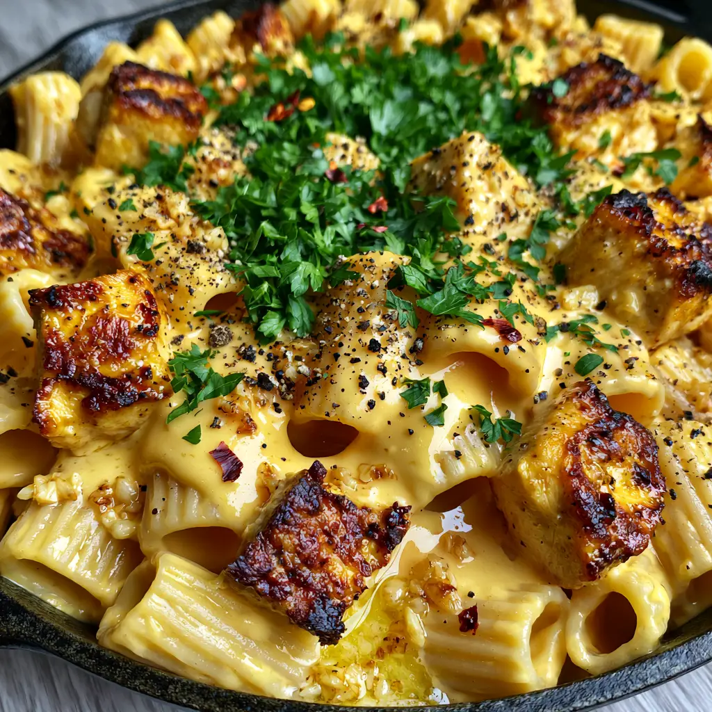Velveeta Garlic Chicken Pasta: A Creamy One-Pan Skillet Masterpiece 2 High-angle macro shot of Velveeta garlic chicken pasta featuring glossy sauce and seared chicken cubes. (Velveeta garlic chicken pasta)