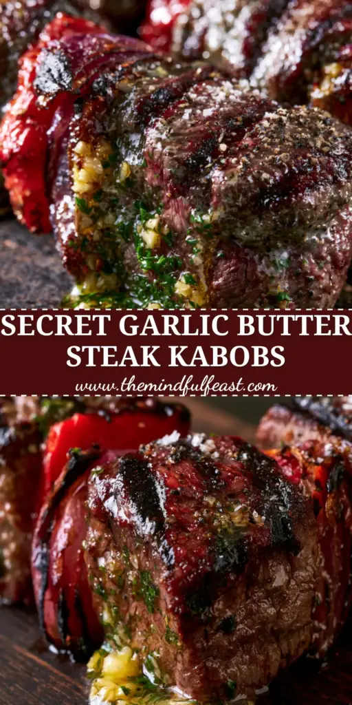 Steak Kabobs with Melting Garlic Herb Butter and Blistered Peppers 3 Three thick steak kabobs with medium-rare beef cubes, blistered red peppers, and charred onions, dripping with garlic herb butter on a wooden surface. (steak kabobs)