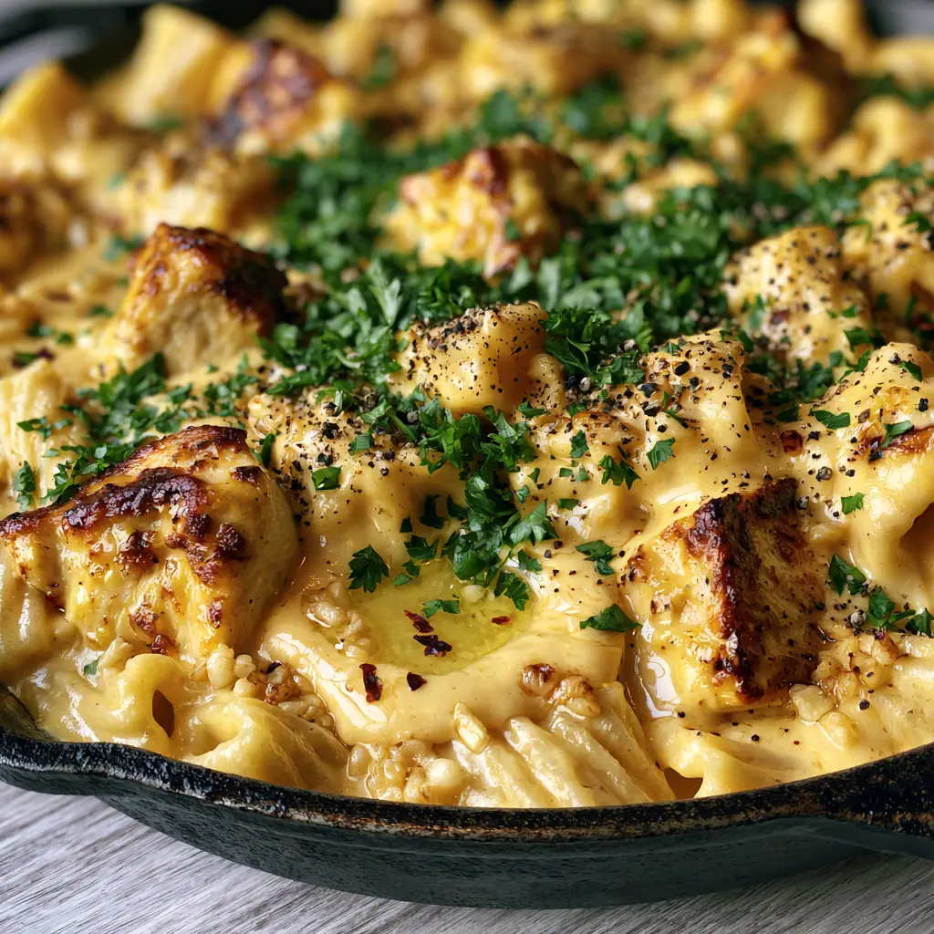 Velveeta Garlic Chicken Pasta: A Creamy One-Pan Skillet Masterpiece 1 Close up of al dente rigatoni coated in thick golden Velveeta sauce with red pepper flakes.