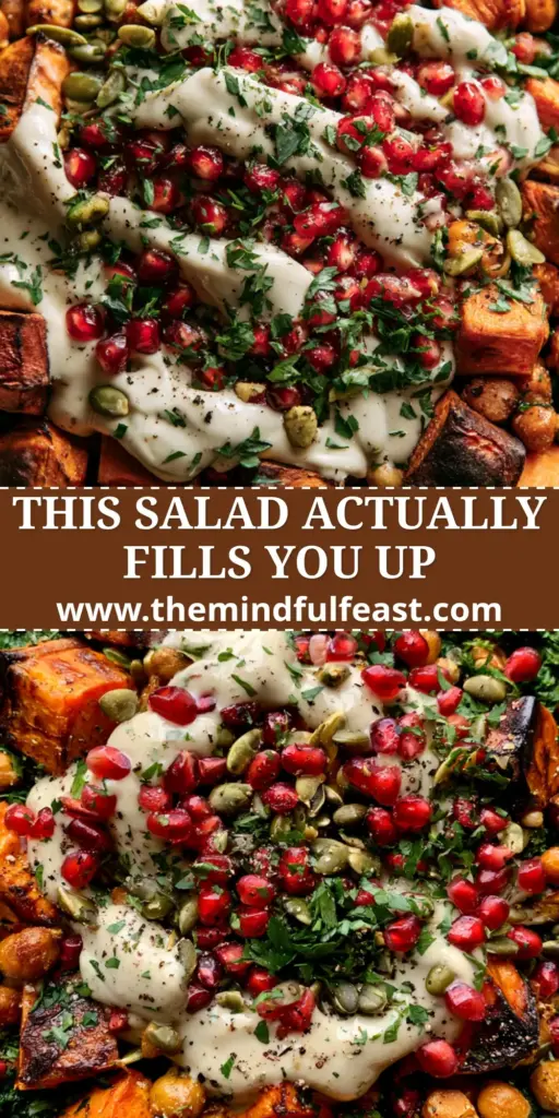 Sweet Potato and Chickpea Salad with Creamy Lemon Tahini Dressing 4 A vertical split-screen overhead shot of a sweet potato and chickpea salad featuring charred sweet potato cubes, crispy chickpeas, and massaged kale with thick tahini dressing.