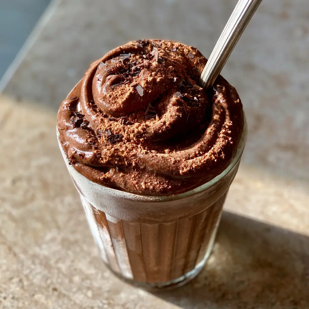 A heavy silver spoon buried halfway into a thick chocolate milkshake, standing perfectly vertical. (chocolate milkshake recipes)